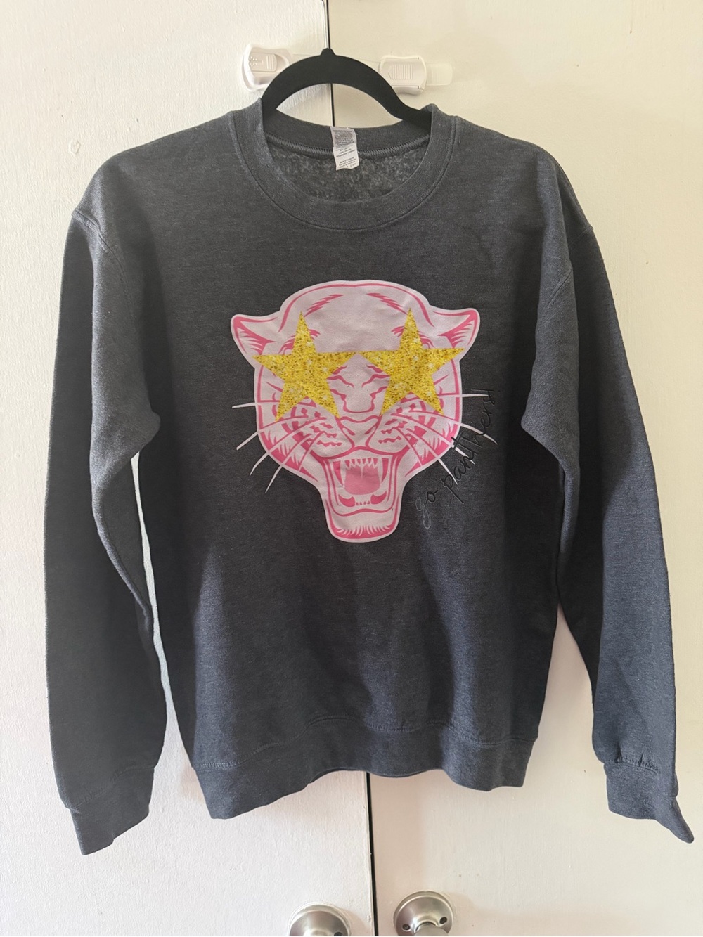 Gildan Dark Gray Crewneck with Pink Tiger and Gold Star Eyes